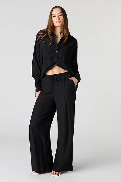 Textured Drawstring Flowy Wide Leg Pant