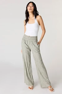 Smocked Linen-Blend Pant