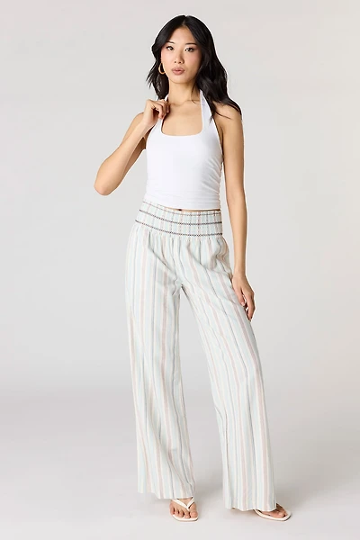 Smocked Linen-Blend Pant