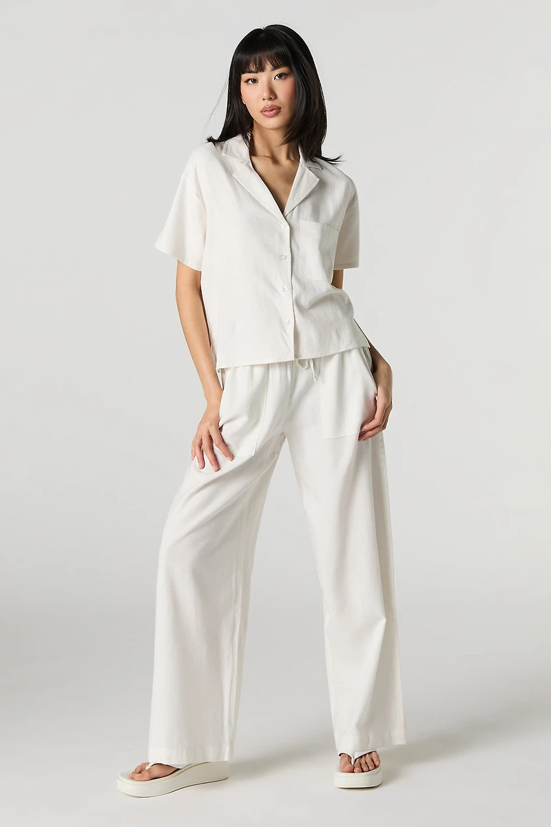 Pantalon en mélange de lin à jambe large avec taille coulissante