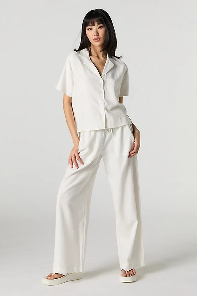 Pantalon en mélange de lin à jambe large avec taille coulissante