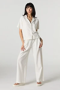 Pantalon en mélange de lin à jambe large avec taille coulissante