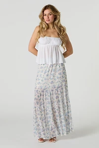 Jupe maxi volantée fleurie en filet