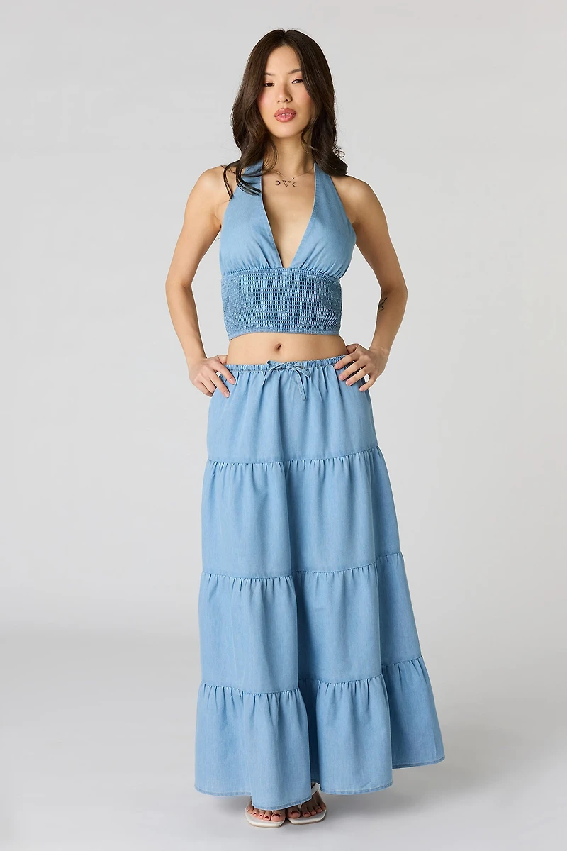 Denim Tiered Maxi Skirt