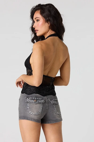 Mid Rise Stretch Push Up Embroidered Short