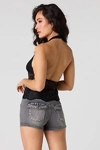 Mid Rise Stretch Push Up Embroidered Short