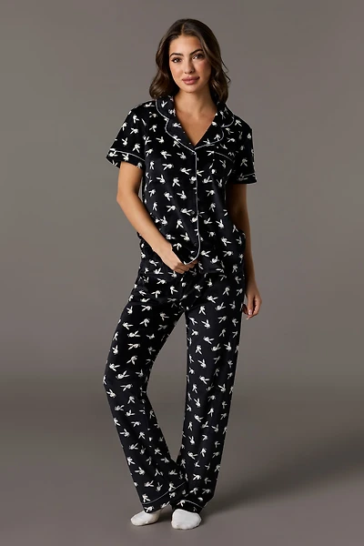 Playboy Printed Velour Collared Top & Pant Pajama Set