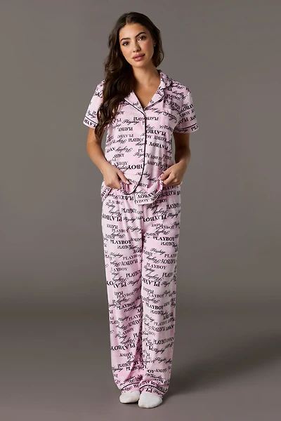 Playboy Printed Velour Collared Top & Pant Pajama Set