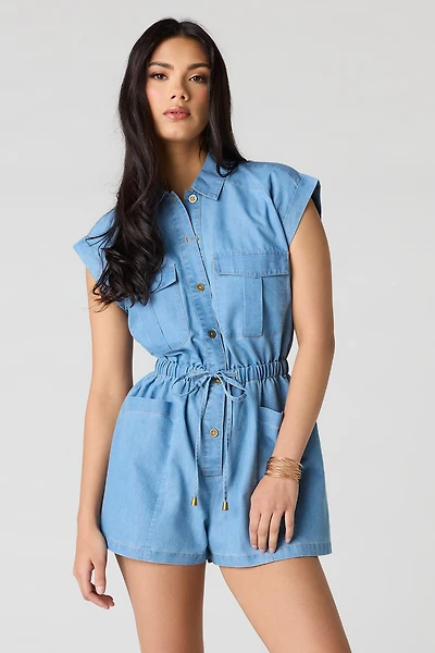 Denim Button Front Tie Waist Romper