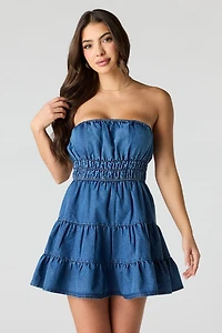 Denim Tiered Mini Tube Romper Dress