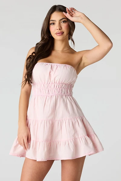 Denim Tiered Mini Tube Romper Dress