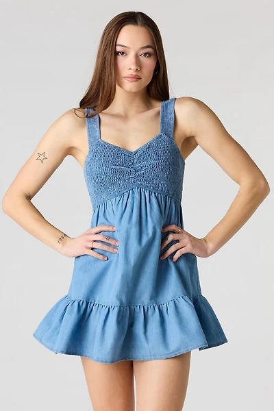 Smocked Denim Mini Dress