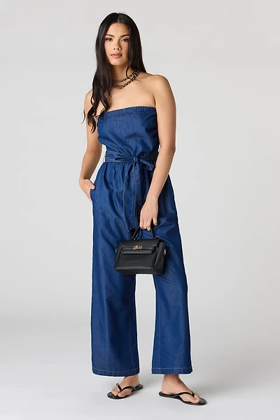 Denim Belted Strapless Jumpsuit