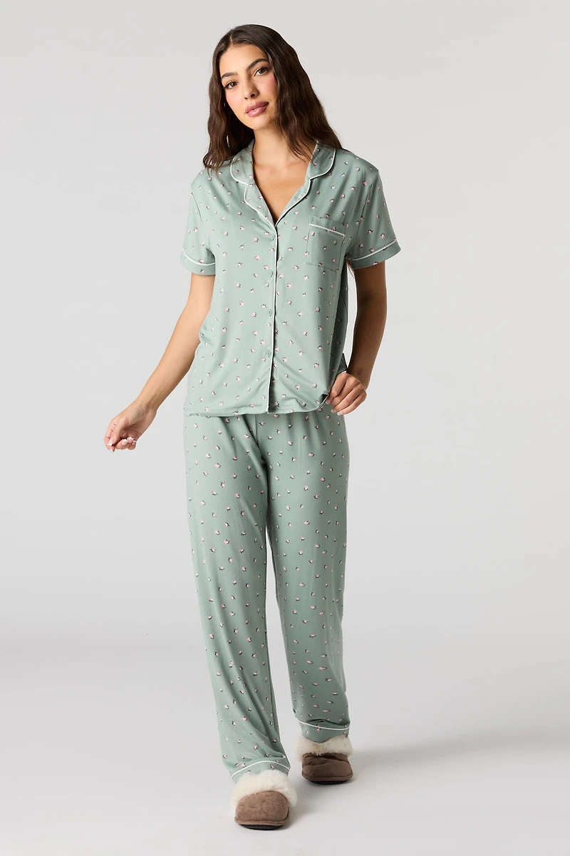 Printed Button-Up Top & Pant Pajama Set