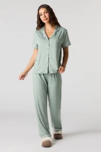 Printed Button-Up Top & Pant Pajama Set