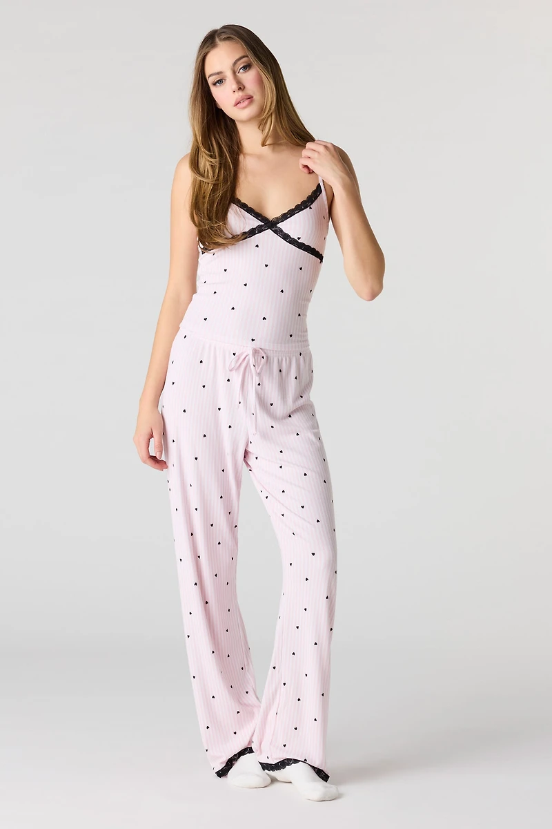 Ribbed Lace Trim Tank & Pant Pajama Set