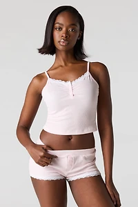Ribbed Lace Trim Tank & Short Pajama Set
