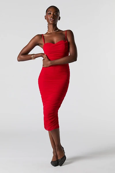 Mesh Ruched Bustier Midi Dress