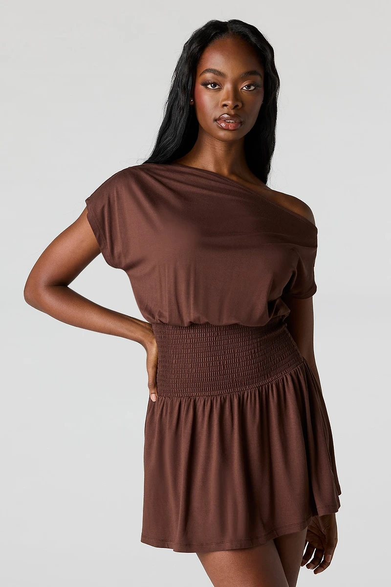 Off-Shoulder Smocked Waist Mini Dress