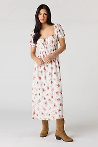 Robe midi fleurie avec manches bouffantes