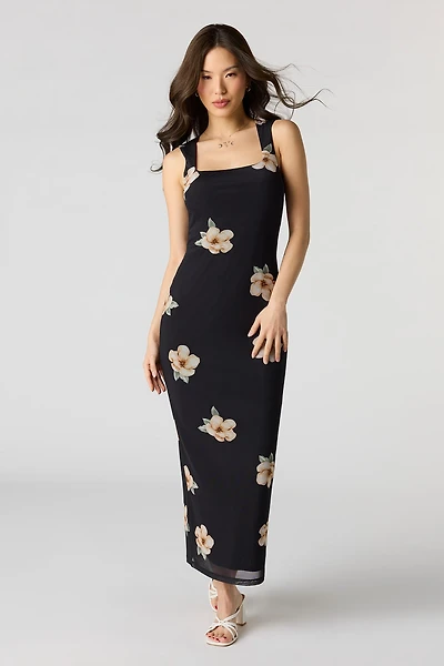 Floral Mesh Square Neck Maxi Dress