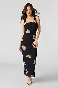 Floral Mesh Square Neck Maxi Dress