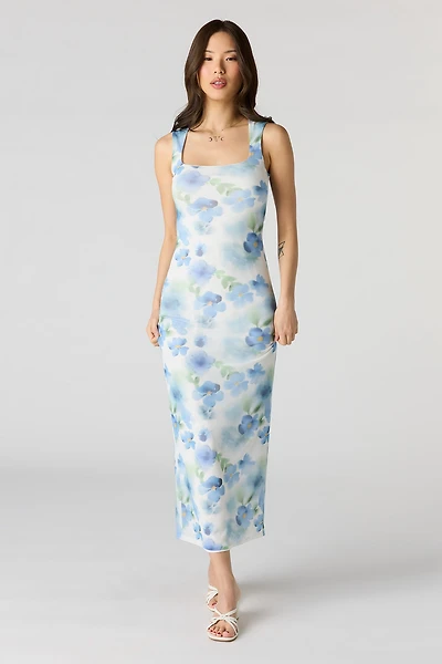 Robe maxi en filet à imprimé floral et encolure carrée