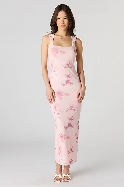 Floral Mesh Square Neck Maxi Dress