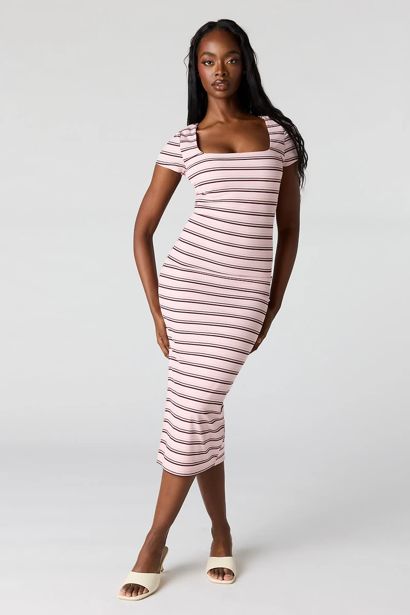 Ribbed Square Neck Bodycon Midi Dress