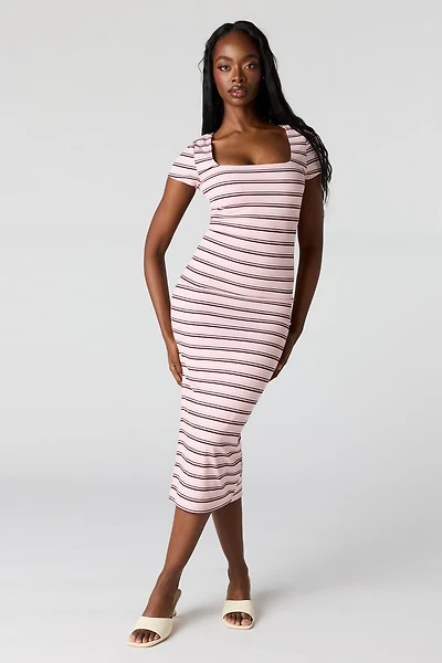 Ribbed Square Neck Bodycon Midi Dress