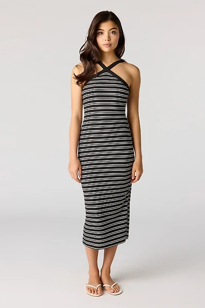 Striped Ribbed Halter Midi Dress