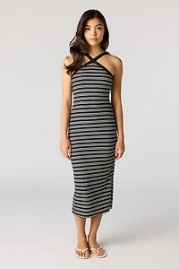 Striped Ribbed Halter Midi Dress