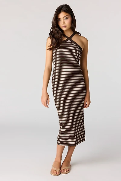 Robe midi bain-de-soleil côtelée rayée