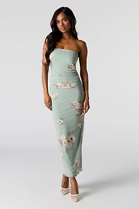 Mesh Ruched Tube Maxi Dress