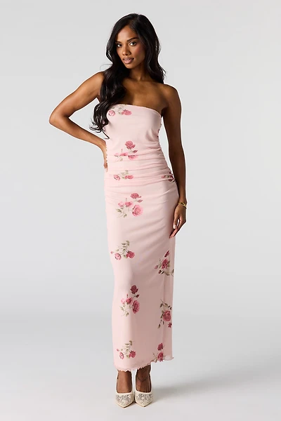Mesh Ruched Tube Maxi Dress