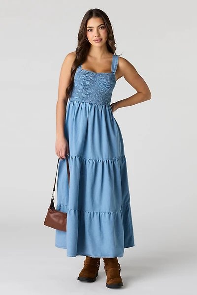 Denim Smocked Tiered Midi Dress