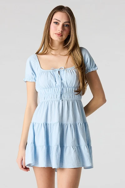 Short Puff Sleeve Tiered Mini Dress