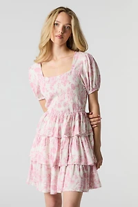 Minirobe à volant, ruché et manche bouffante imprimé floral