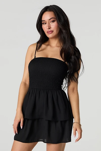 Smocked Tiered Removable Strap Mini Dress