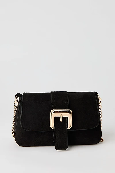 Faux-Suede Buckle Crossbody Chain Purse
