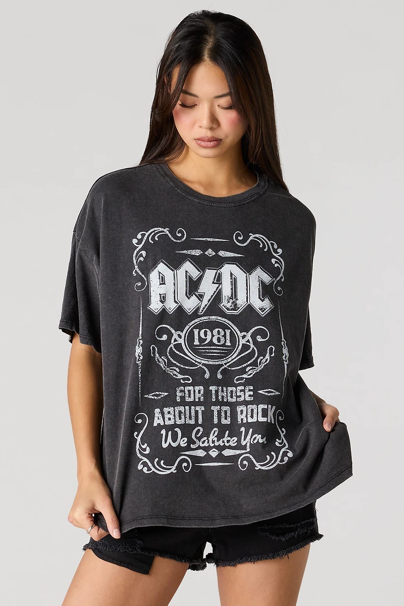 T-shirt de coupe garçonne délavé à imprimé AC/DC