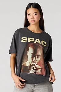 T-shirt de coupe garçonne délavé à imprimé Tupac