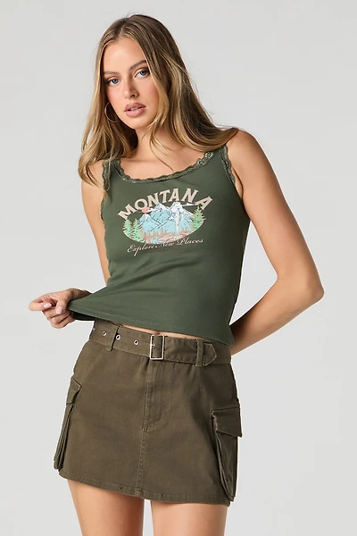 Western Graphic Ribbed Lace Trim Tank