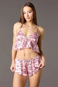 Satin Rhinestone Babydoll Tank & Shortie 2 Piece Pajama Set