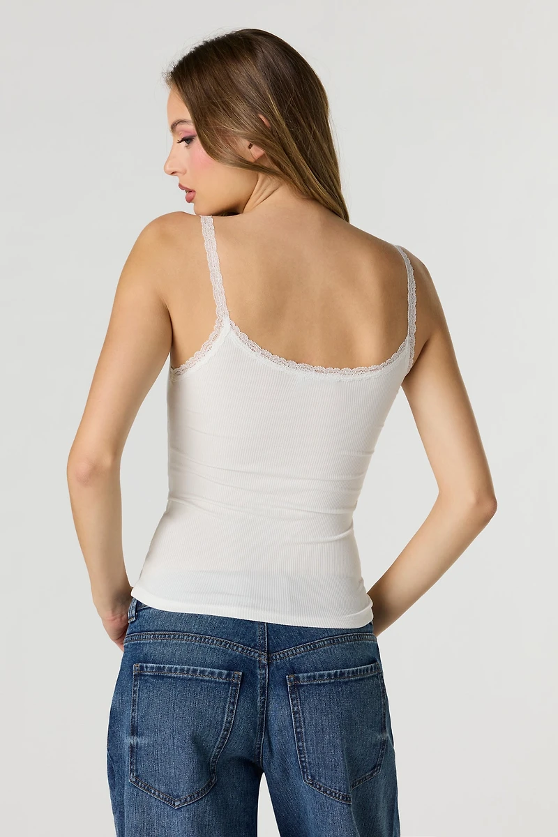 Débardeur côtelé sans soutien-gorge avec liséré de dentelle