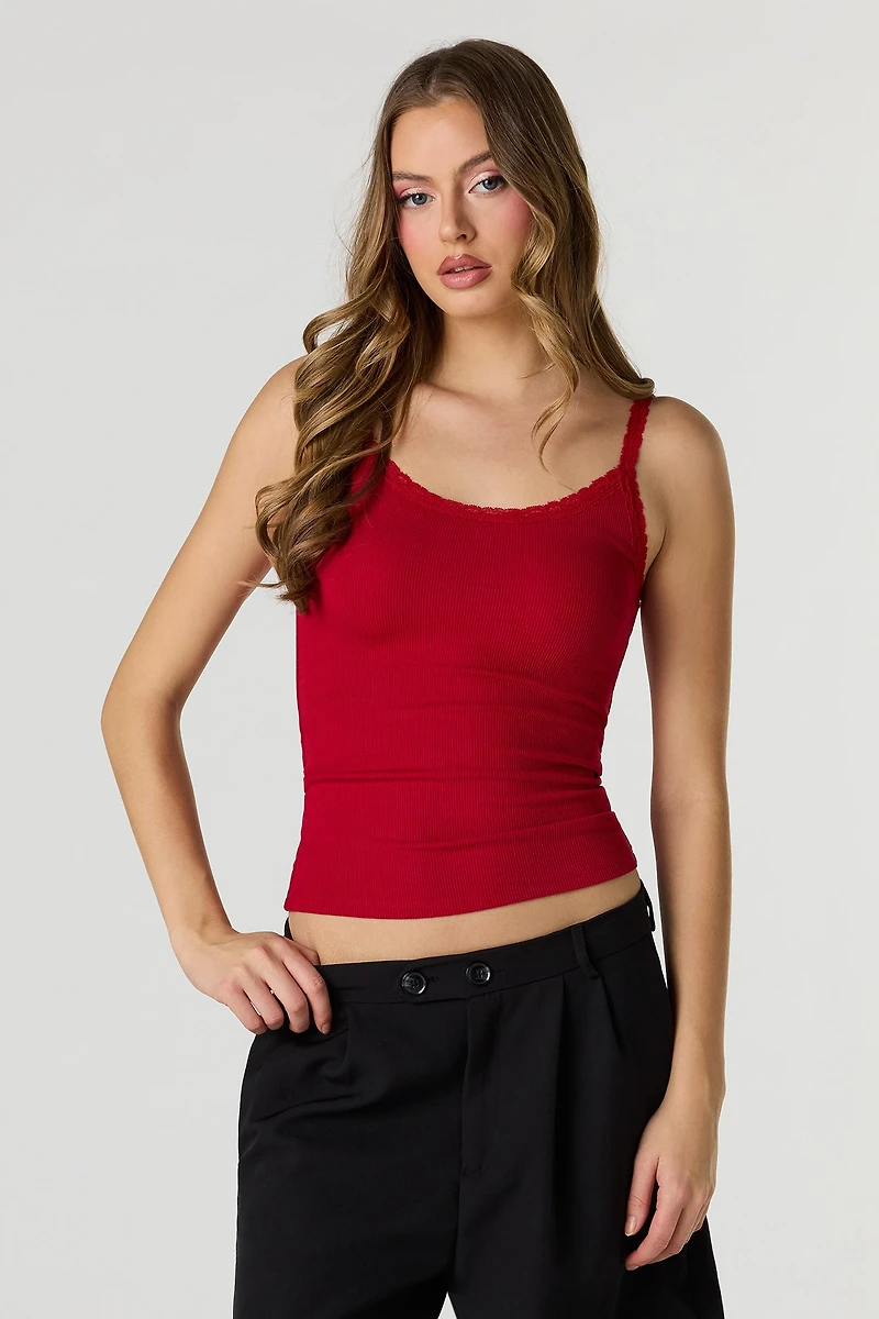 Débardeur côtelé sans soutien-gorge avec liséré de dentelle