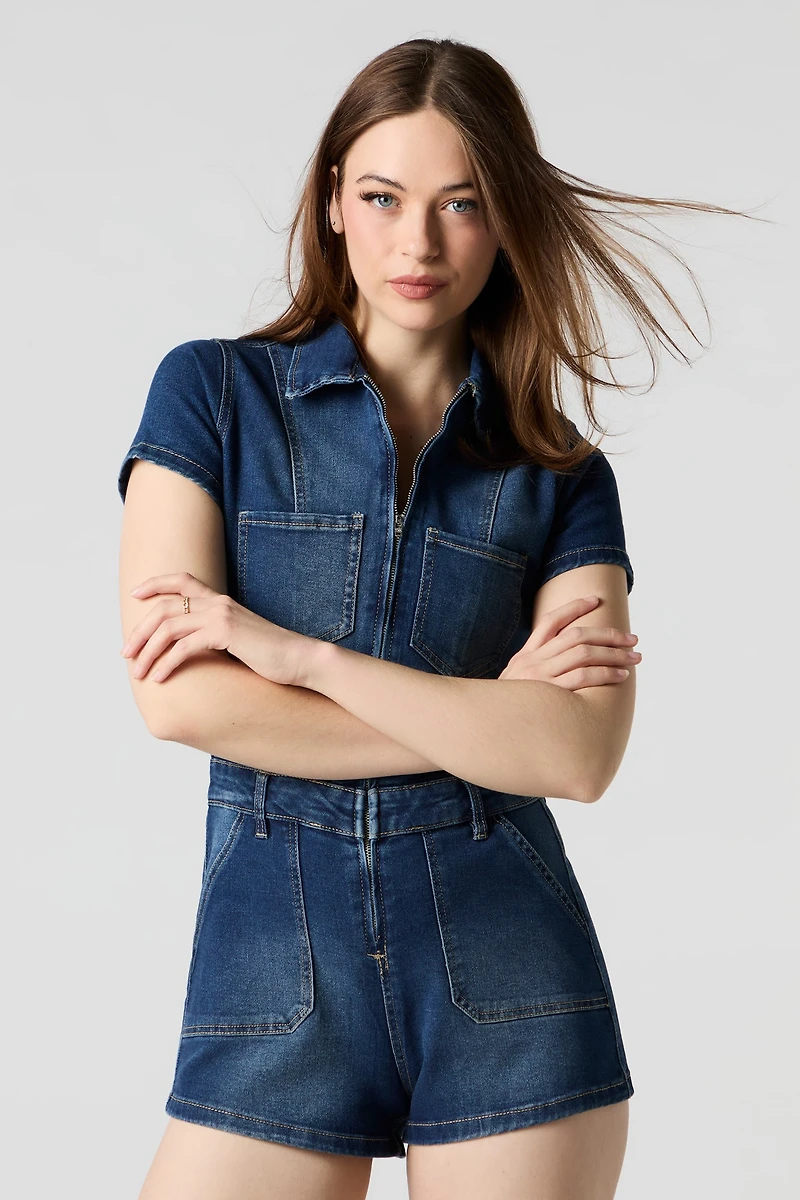 Minicombi-short en denim avec fermeture à glissière