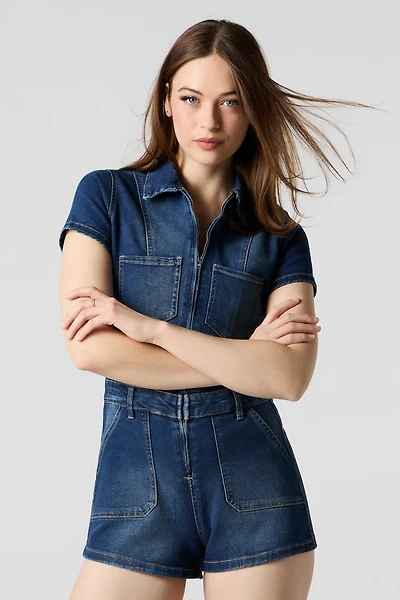 Minicombi-short en denim avec fermeture à glissière