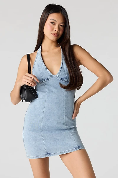 Stretch Denim Halter Mini Dress