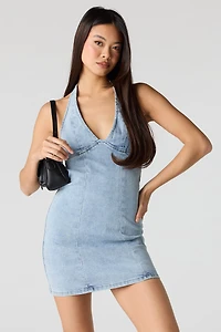 Stretch Denim Halter Mini Dress